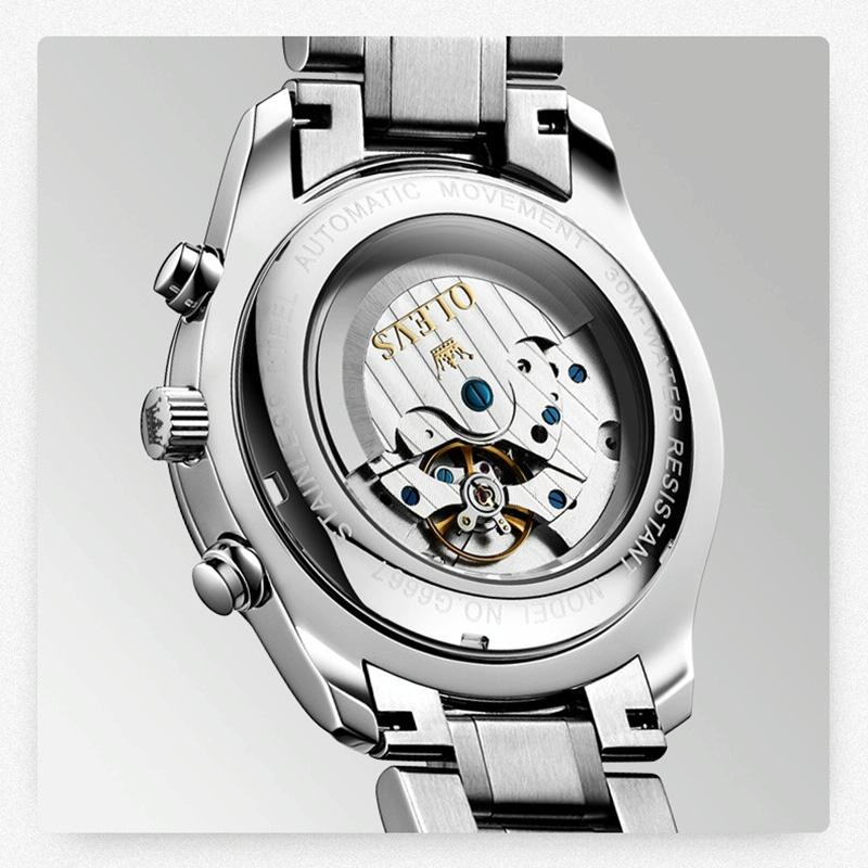 Waterproof Luminous Mechanical Watch for Men - Multifunction - Steel Band + White