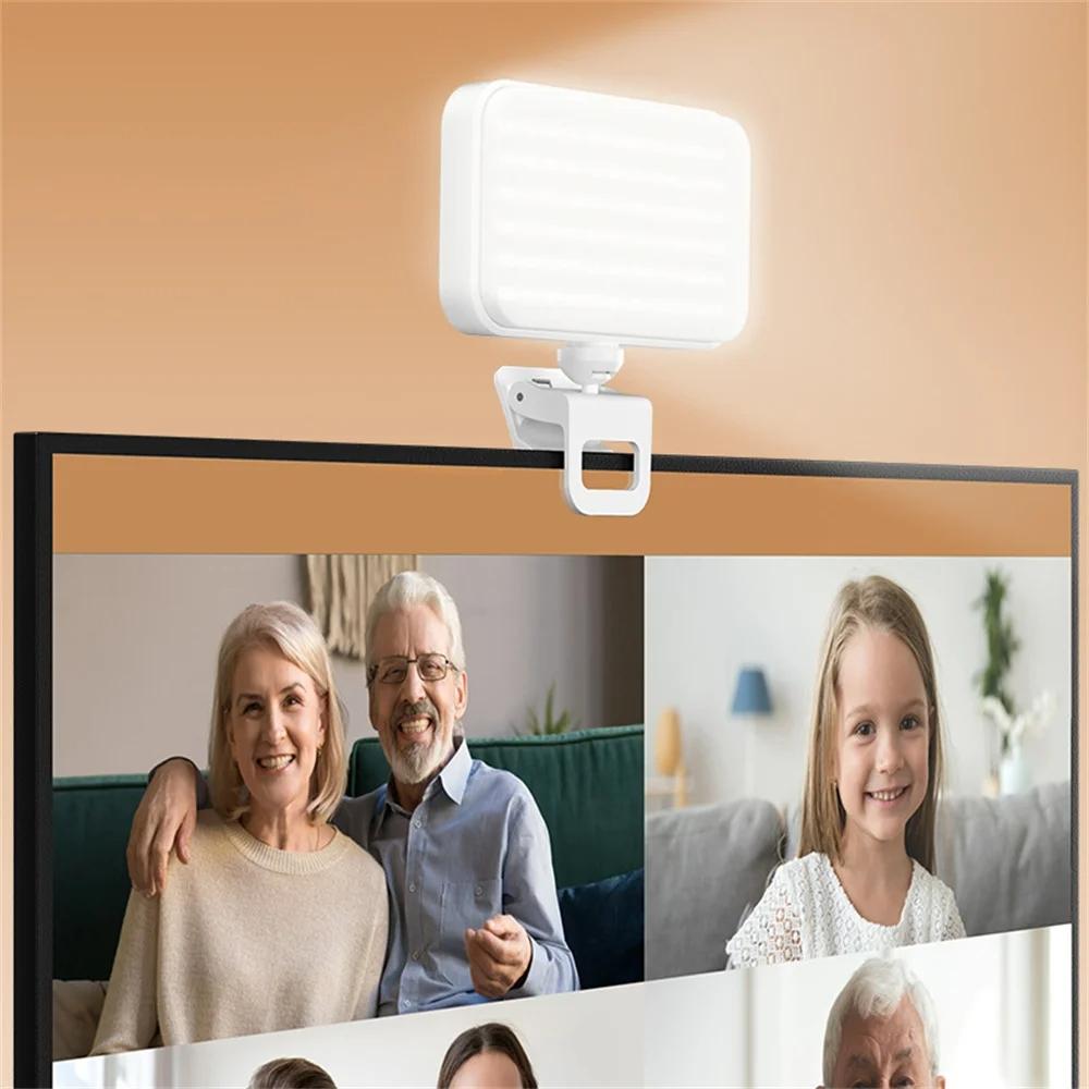 Rechargeable Clip-on Selfie Light with 66 Leds - 3 Modes for Phone Laptop Tablet - Black - White