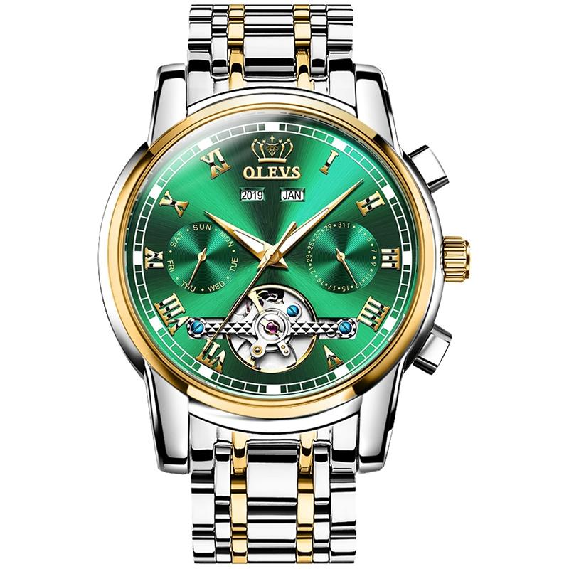 Waterproof Automatic Mechanical Watch for Men with Multi-function Flywheel - Silver Gold Green