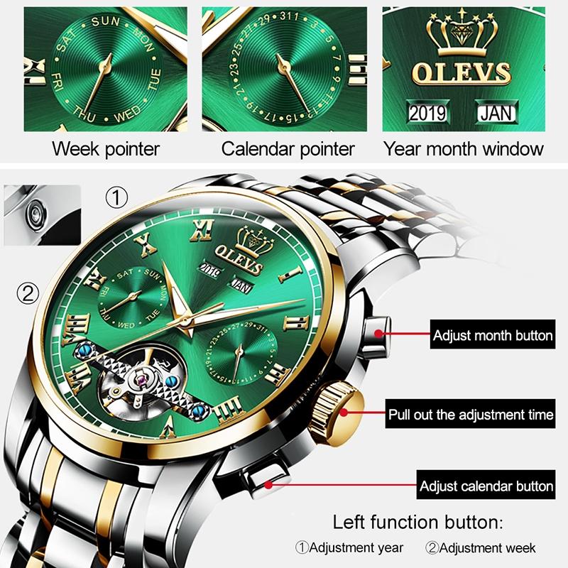 Waterproof Automatic Mechanical Watch for Men with Multi-function Flywheel - Silver Gold Green