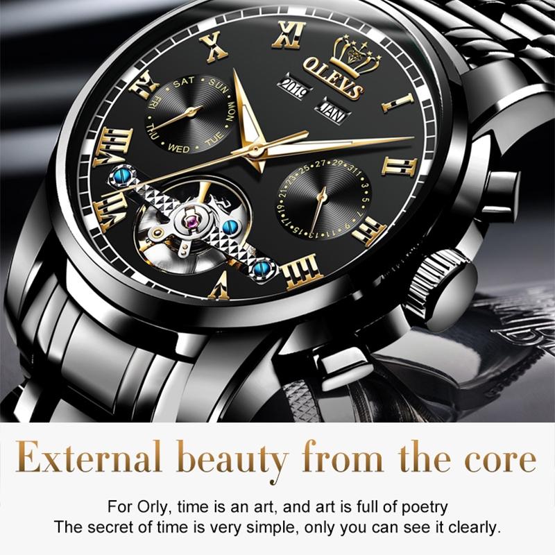 Waterproof Automatic Mechanical Watch for Men with Multi-function Flywheel - Silver Gold Green