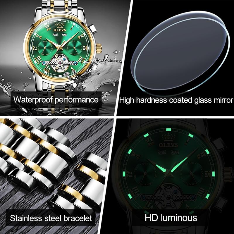 Waterproof Automatic Mechanical Watch for Men with Multi-function Flywheel - Silver Gold Green