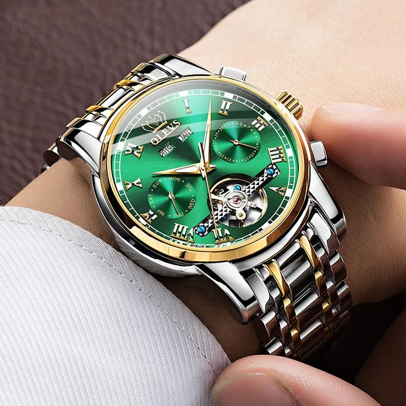 Waterproof Automatic Mechanical Watch for Men with Multi-function Flywheel - Silver Gold Green