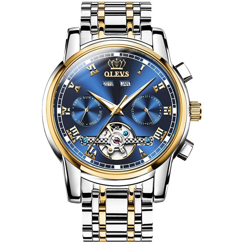 Waterproof Automatic Mechanical Watch for Men with Multi-function Flywheel - Silver Gold Green