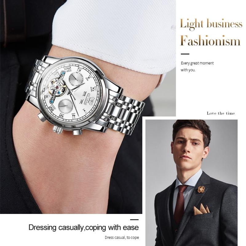 Waterproof Automatic Mechanical Watch for Men with Multi-function Flywheel - Silver Gold Green