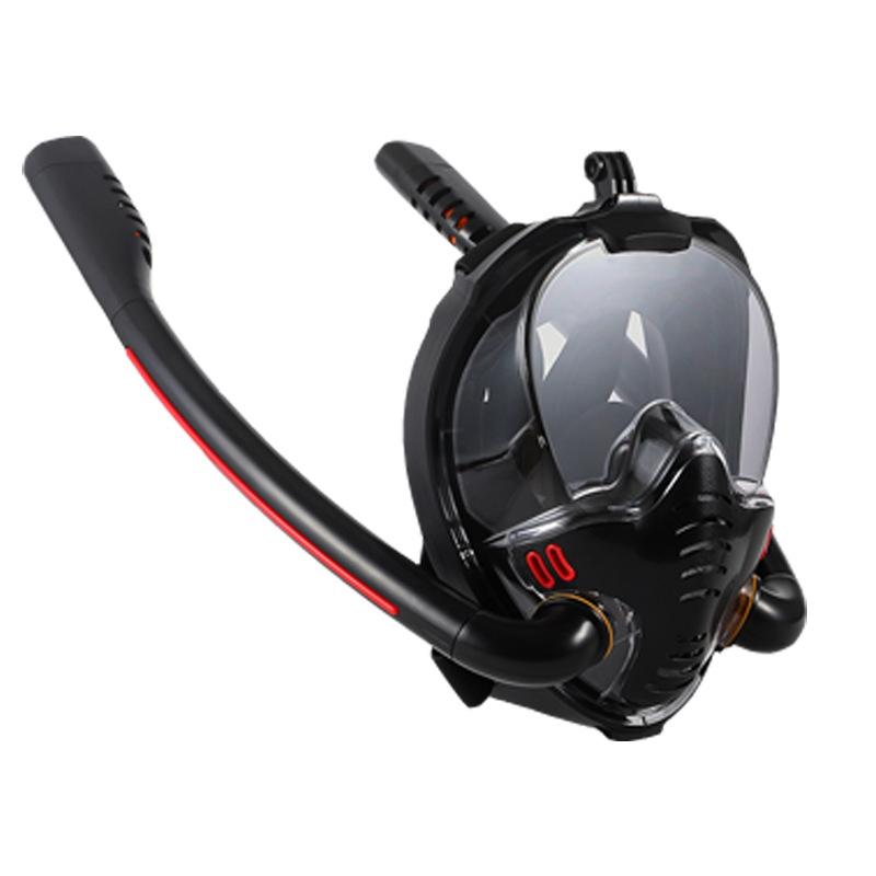 Full Dry Silicone Diving Mask for Adults - Double Tube - Black/Black