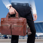 Large Capacity Retro Cowhide Briefcase - Coffee