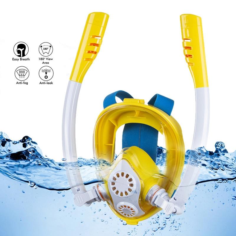 Full Dry Silicone Kids Diving Mask with Double Tubes - White Blue
