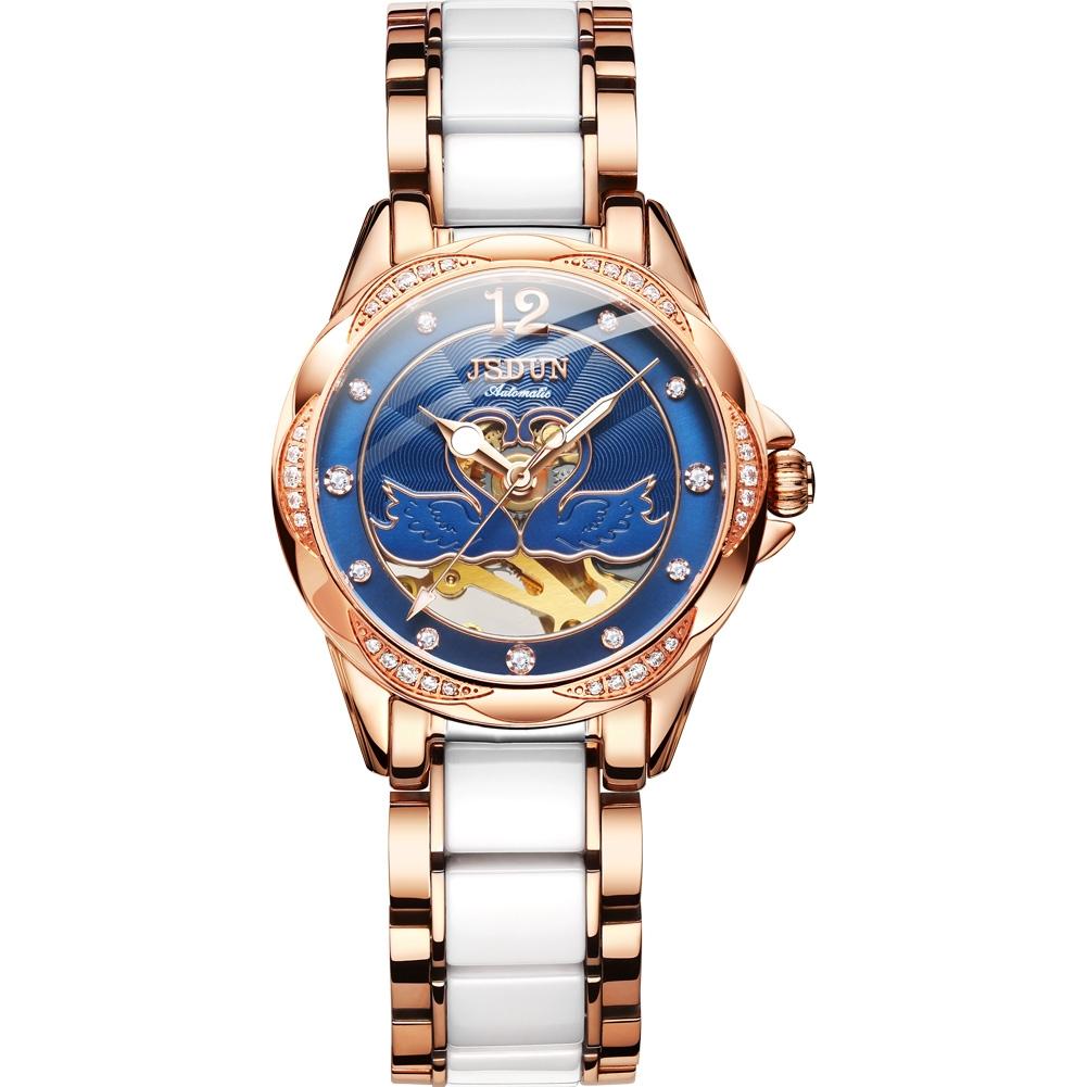 Stylish Waterproof Ceramic Mechanical Watch for Women with Diamond Accents - Blue
