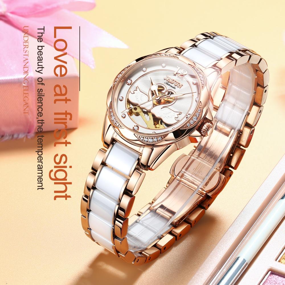 Stylish Waterproof Ceramic Mechanical Watch for Women with Diamond Accents - Blue