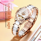 Stylish Waterproof Ceramic Mechanical Watch for Women with Diamond Accents - Blue