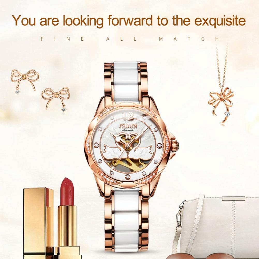 Stylish Waterproof Ceramic Mechanical Watch for Women with Diamond Accents - Blue