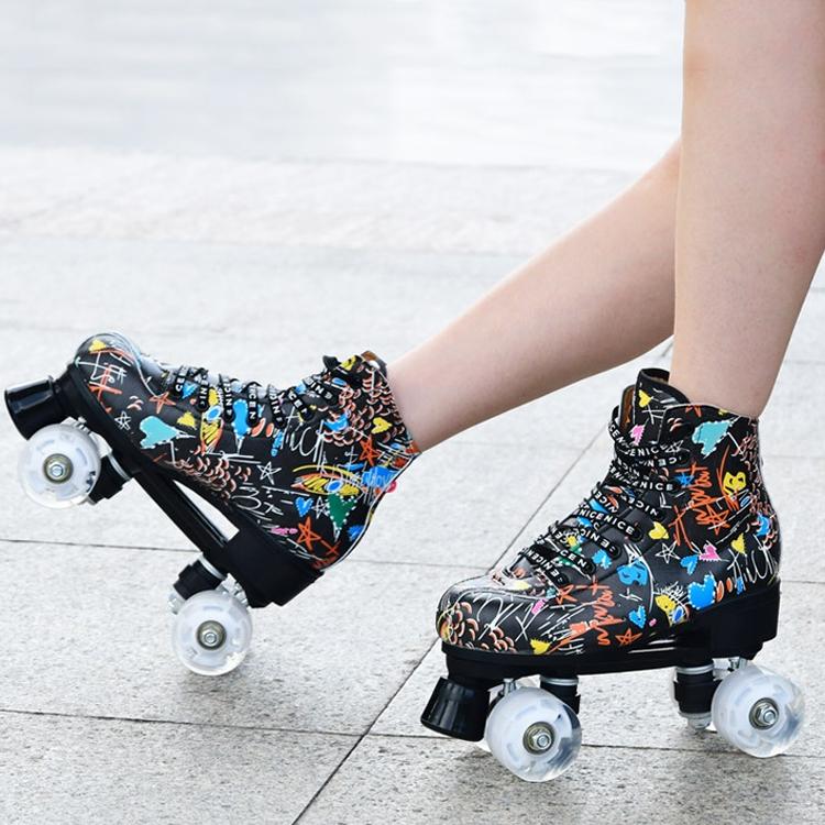 Double Row Four-wheel Roller Skating Shoes for Adult Children - Size 35 - Flash Wheel White