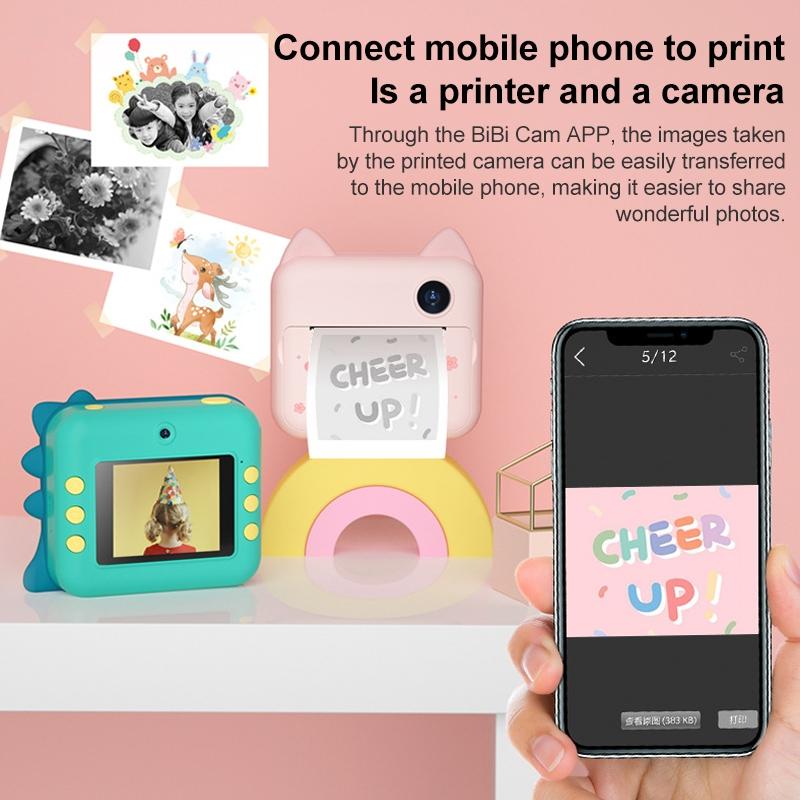 Children's Instant Camera with Dual-lens and Mini Print - Green Dinosaur - Pink Cat 16Gb