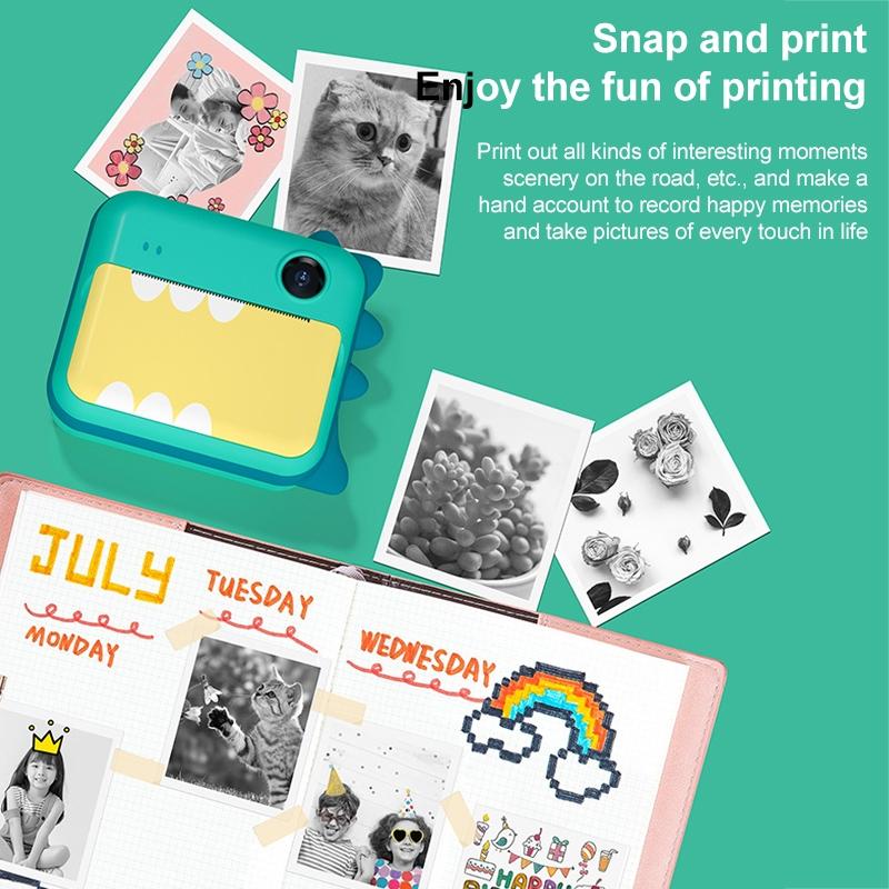 Children's Instant Camera with Dual-lens and Mini Print - Green Dinosaur - Pink Cat 16Gb