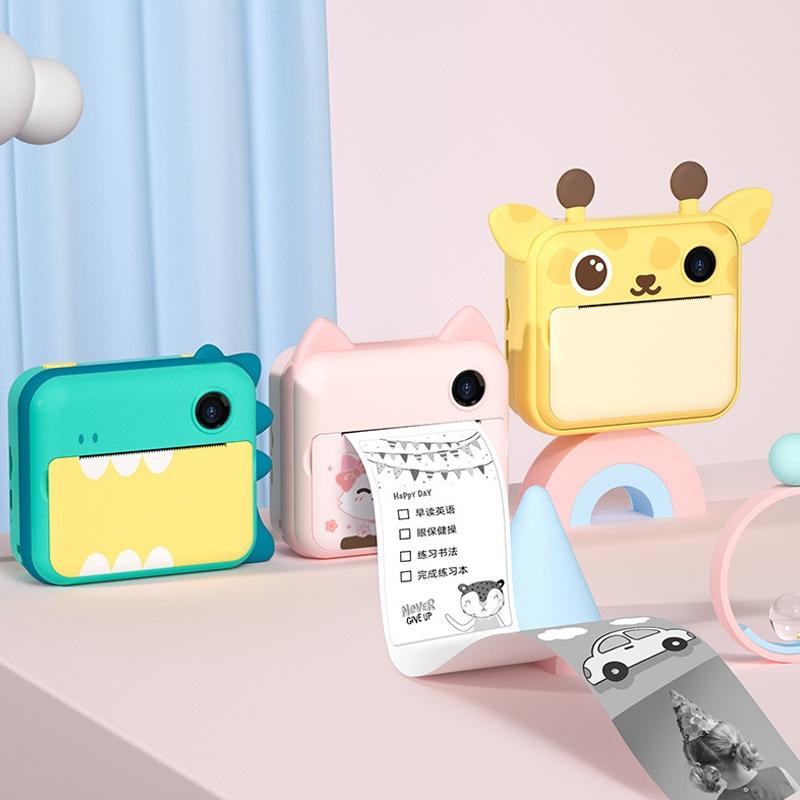 Children's Instant Camera with Dual-lens and Mini Print - Green Dinosaur - Pink Cat 16Gb