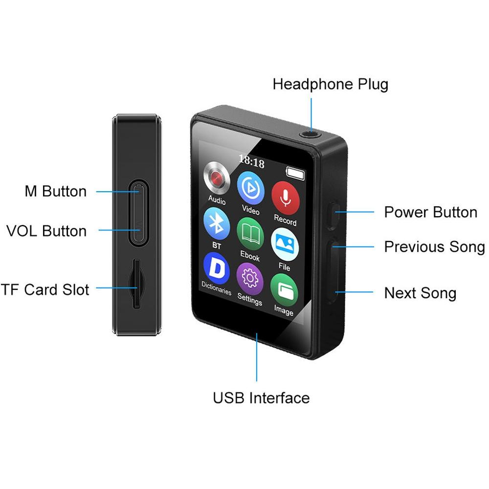 Bluetooth 5.0 Mp3 Player With Ebook Recorder 128Gb - 8Gb