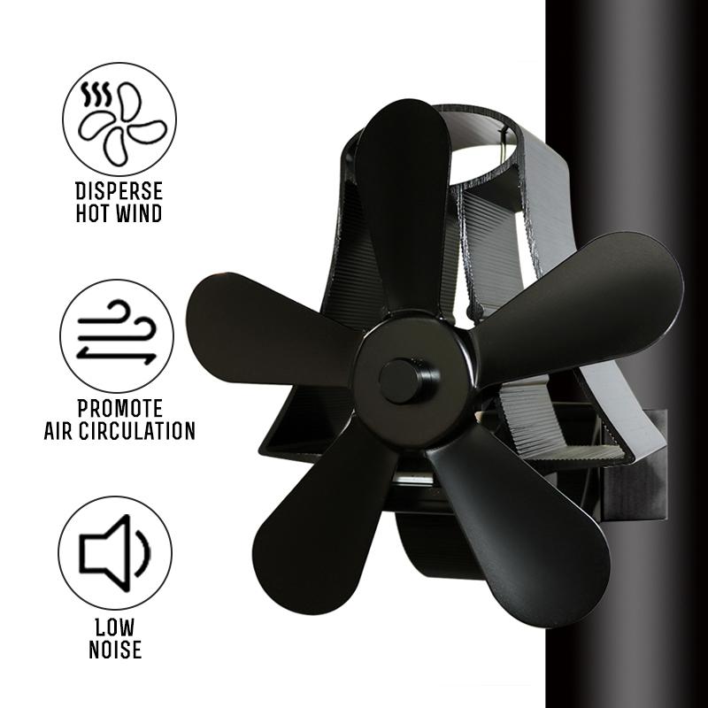 High Temp 5-blade Heat Powered Stove Fan for Fireplaces - Black