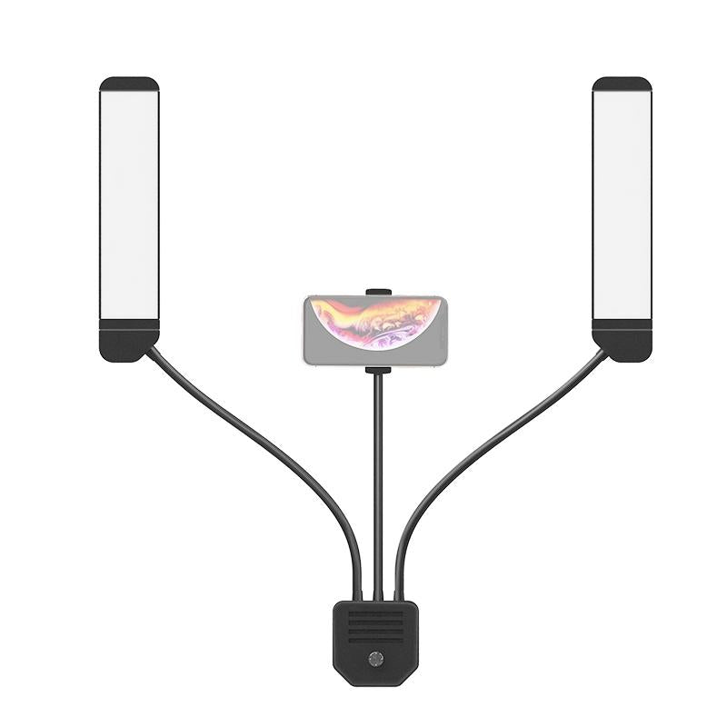 Portable Double Arm Fill Light with Phone Clip - Adjustable Brightness Black