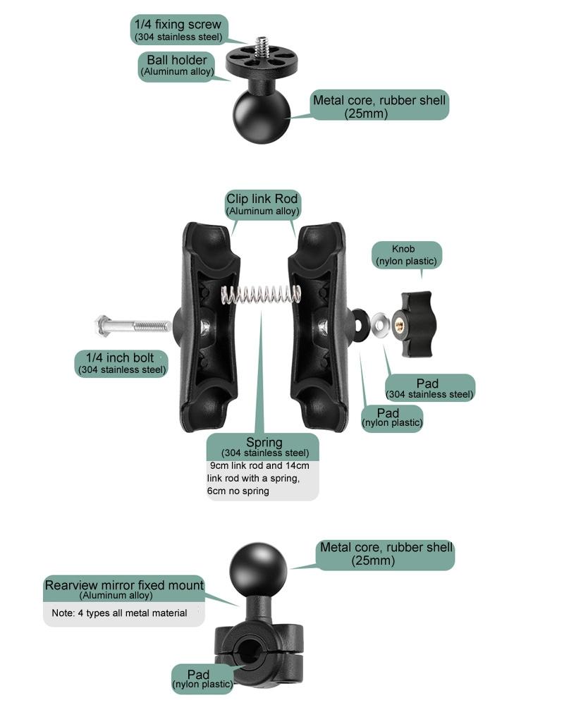 Universal Motorcycle Mount for Action Cameras with Tripod Adapter and Screw - 9cm