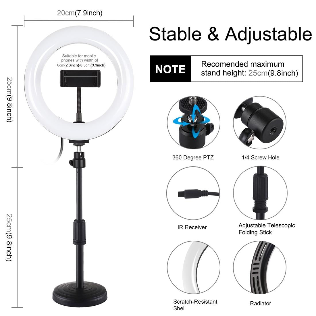 7.9 Rgbw Led Ring Light with Dual Colour Temperature and Phone Clamp