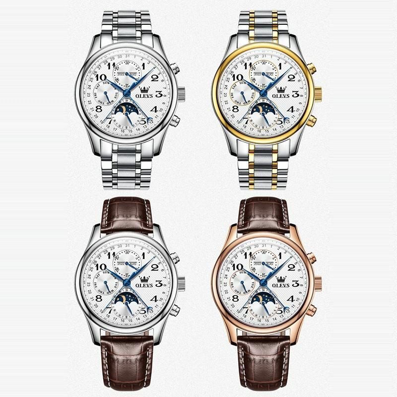 Waterproof Luminous Mechanical Watch for Men - Multifunction - Steel Band + Gold White