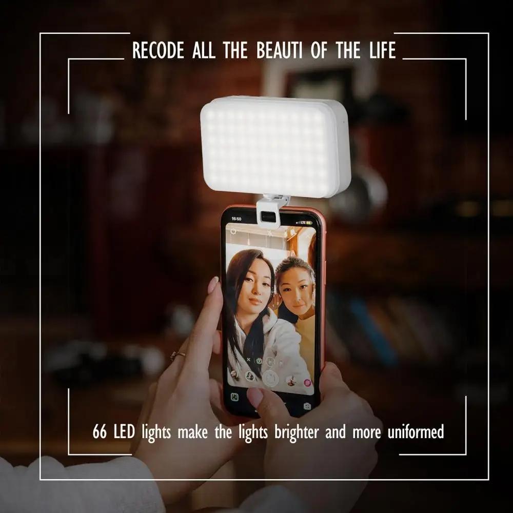 Rechargeable Clip-on Selfie Light with 66 Leds - 3 Modes for Phone Laptop Tablet - Black - Black