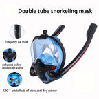Full Dry Silicone Diving Mask for Adults - Double Tube - Black/Blue
