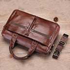 Large Capacity Retro Cowhide Briefcase - Coffee Metal