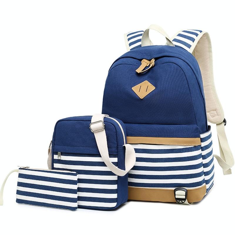 Printed Canvas Backpack Set - 3 Pieces - Black