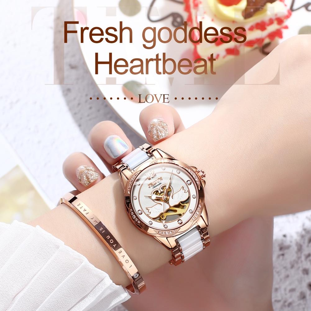 Stylish Waterproof Ceramic Mechanical Watch for Women with Diamond Accents - Black