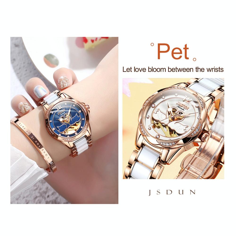 Stylish Waterproof Ceramic Mechanical Watch for Women with Diamond Accents - Black