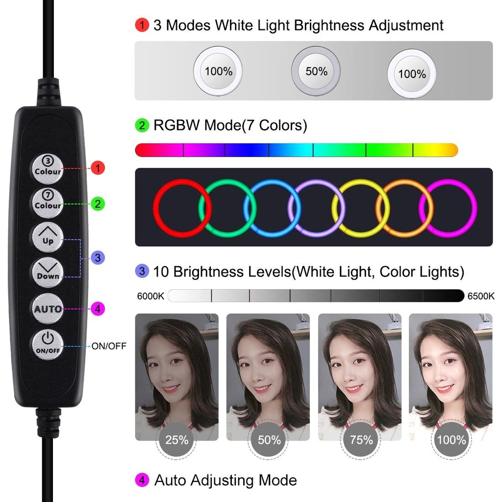 10 Mode Rgbw Led Ring Light with Tripod and Ball Head - 4.7 Inch Curved Surface - Black