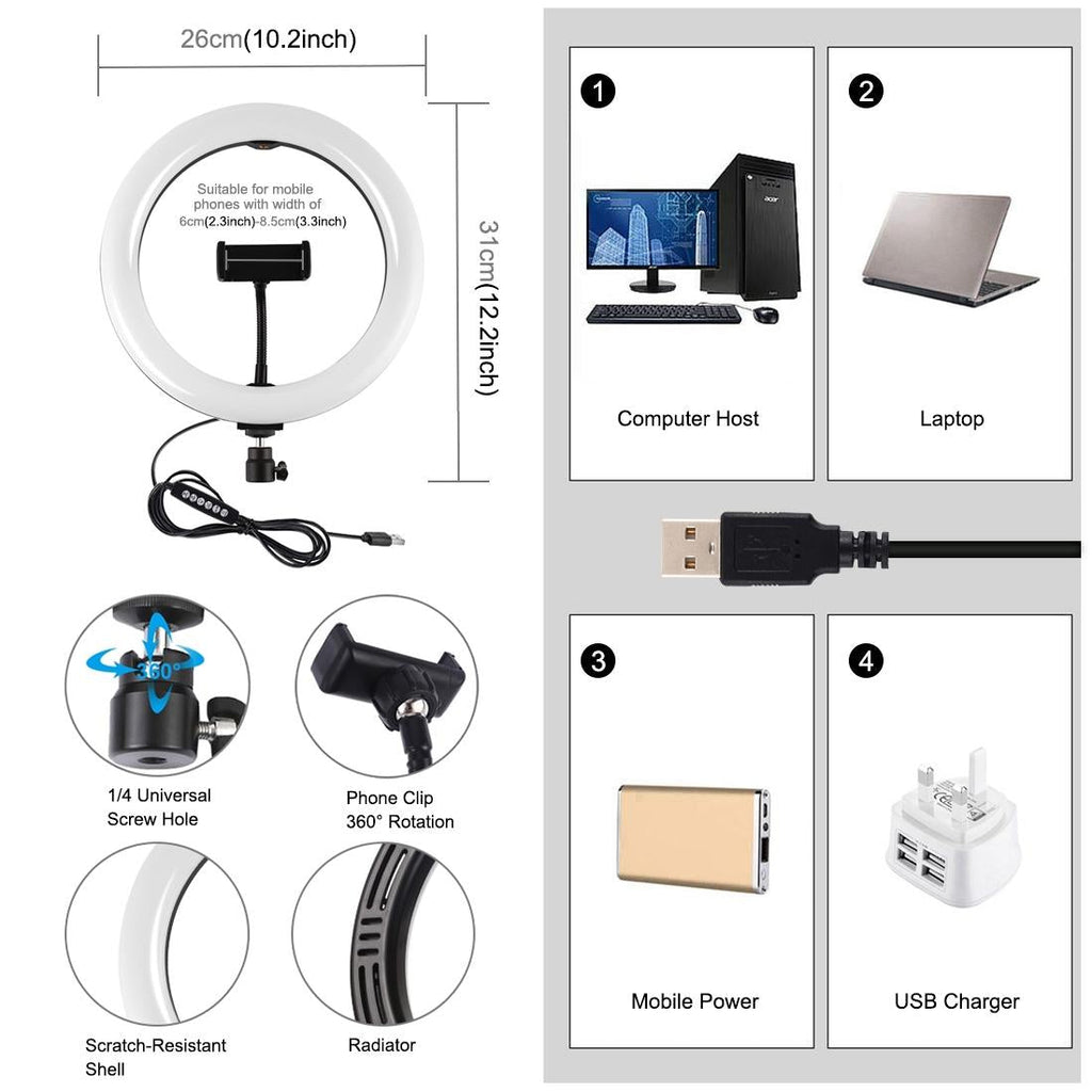 10.2 Usb Led Ring Light with 10 Modes Cold Shoe Tripod & Phone Clamp - Black