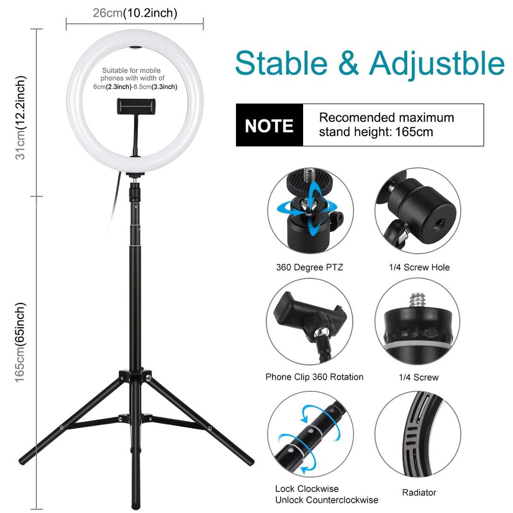 10.2 26cm Ring Light Kit with Tripod Usb 3 Modes Dual Colour Phone Clamp Remote - Black