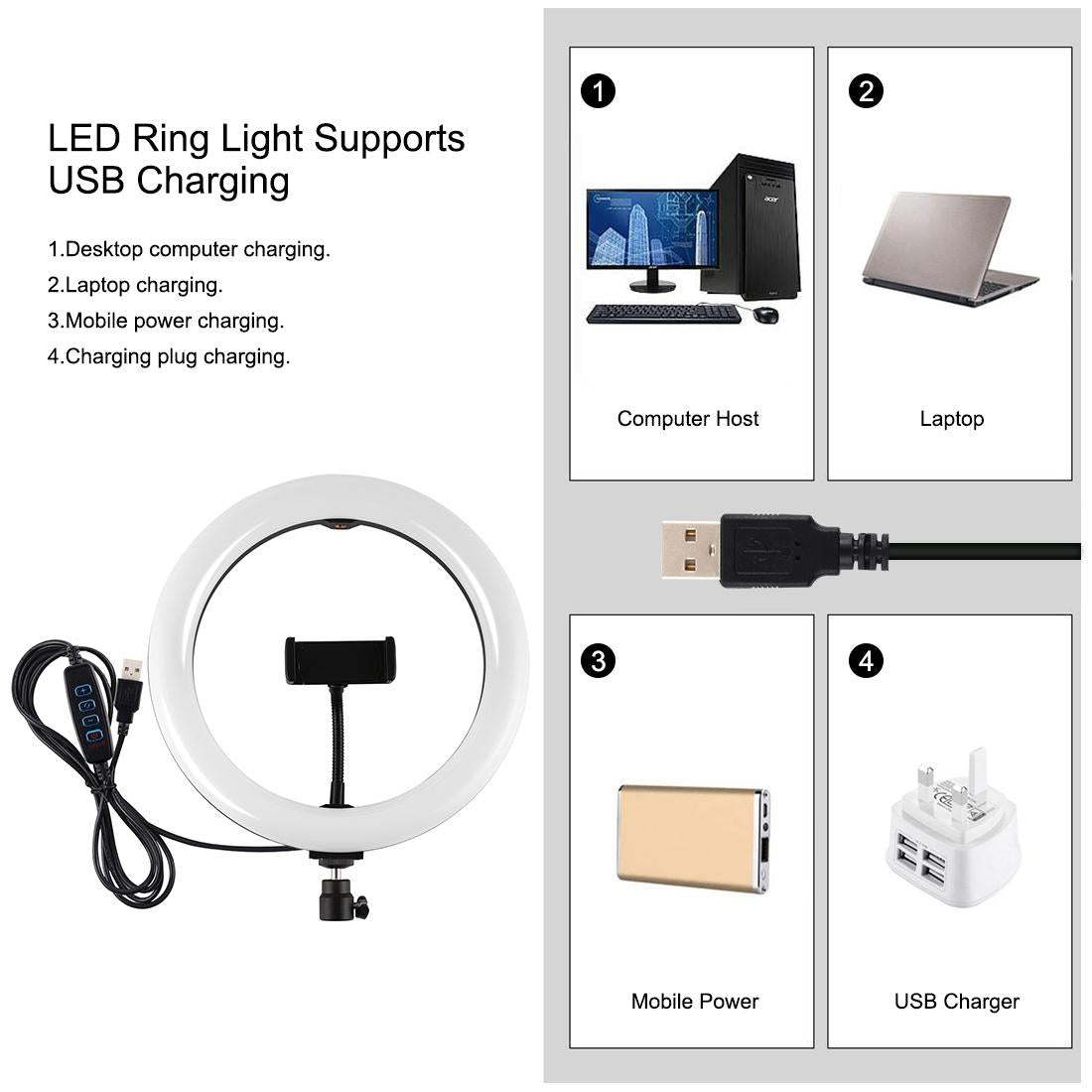 10.2 26cm Ring Light Kit with Tripod Usb 3 Modes Dual Colour Phone Clamp Remote - Black