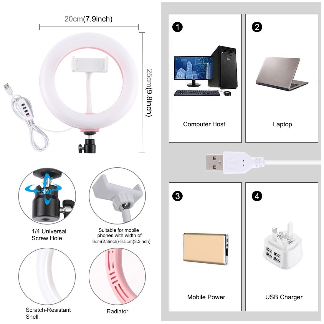 20cm Usb Dual Colour Led Ring Light with Phone Clamp - Black