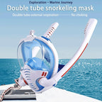 Full Dry Silicone Diving Mask for Adults - Double Tube - White/Blue