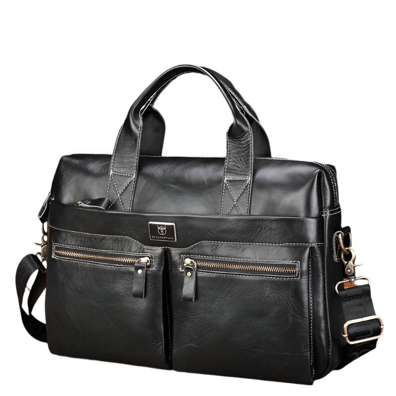 Large Capacity Retro Cowhide Briefcase - Black
