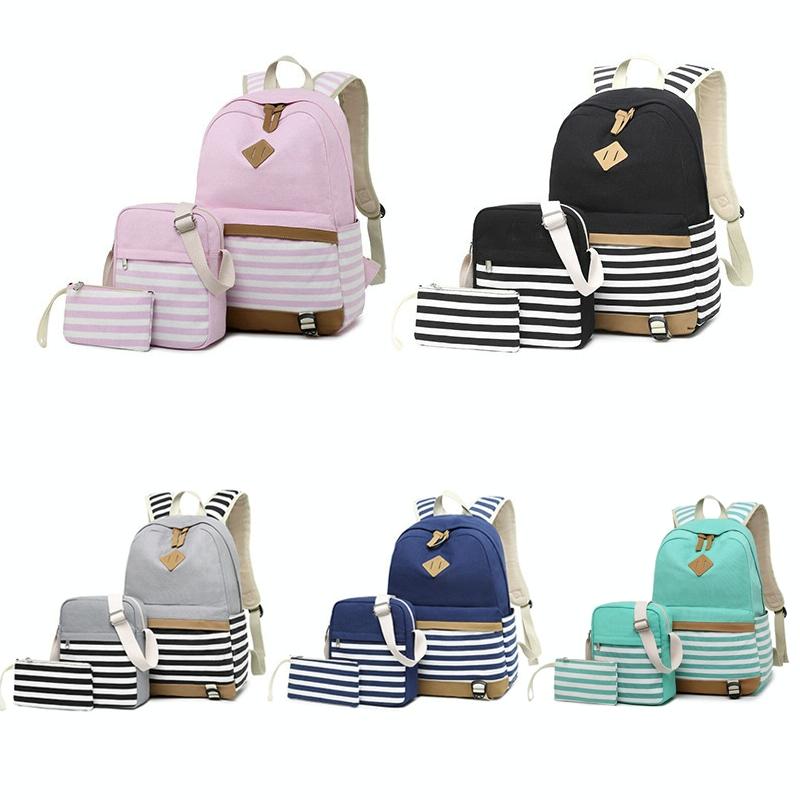 Printed Canvas Backpack Set - 3 Pieces - Navy Blue