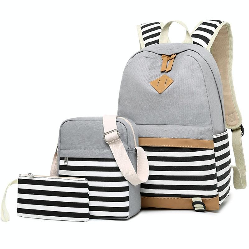 Printed Canvas Backpack Set - 3 Pieces - Navy Blue