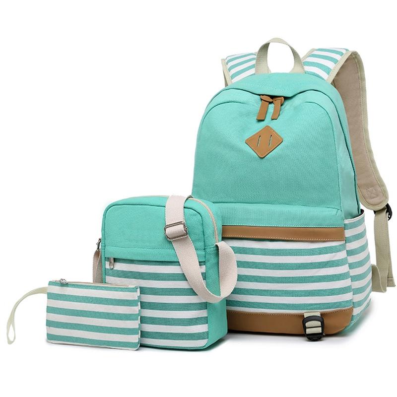 Printed Canvas Backpack Set - 3 Pieces - Navy Blue