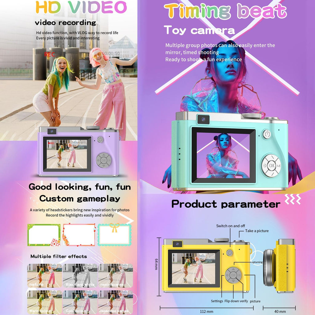 Retro Kids Camera With Dual-Lens 4K Hd Ccd - 2.4 Inch - Purple