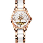Stylish Waterproof Ceramic Mechanical Watch for Women with Diamond Accents - White