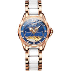 Stylish Waterproof Ceramic Mechanical Watch for Women with Diamond Accents - White