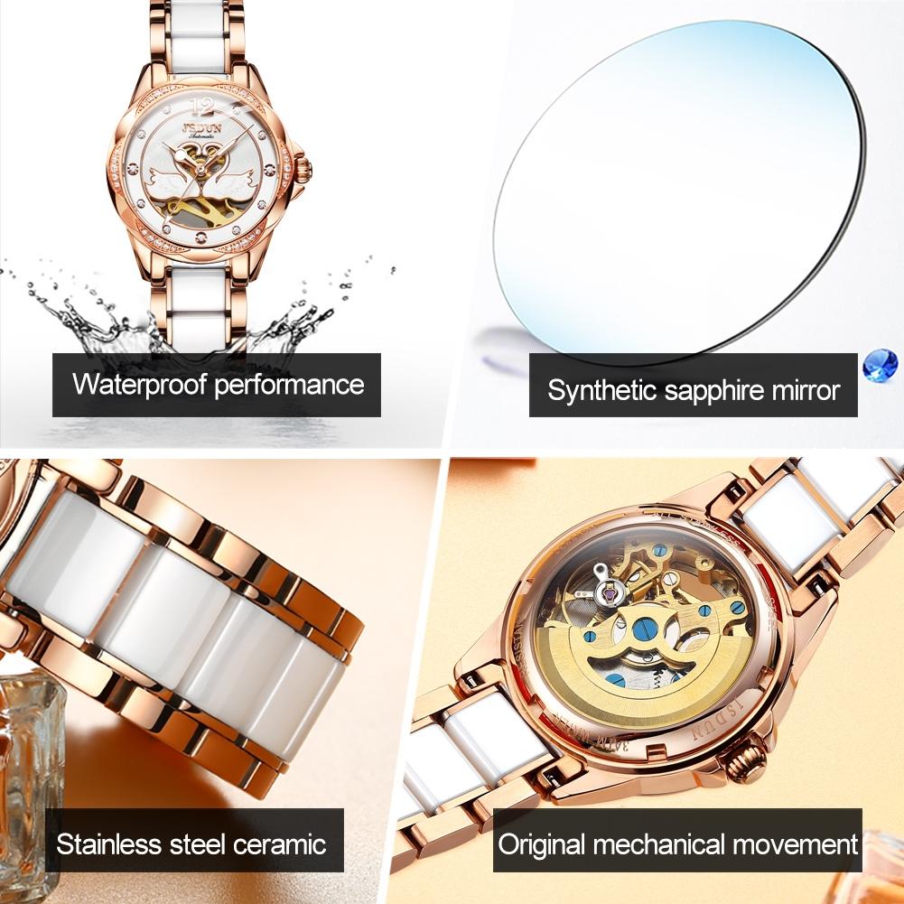 Stylish Waterproof Ceramic Mechanical Watch for Women with Diamond Accents - White
