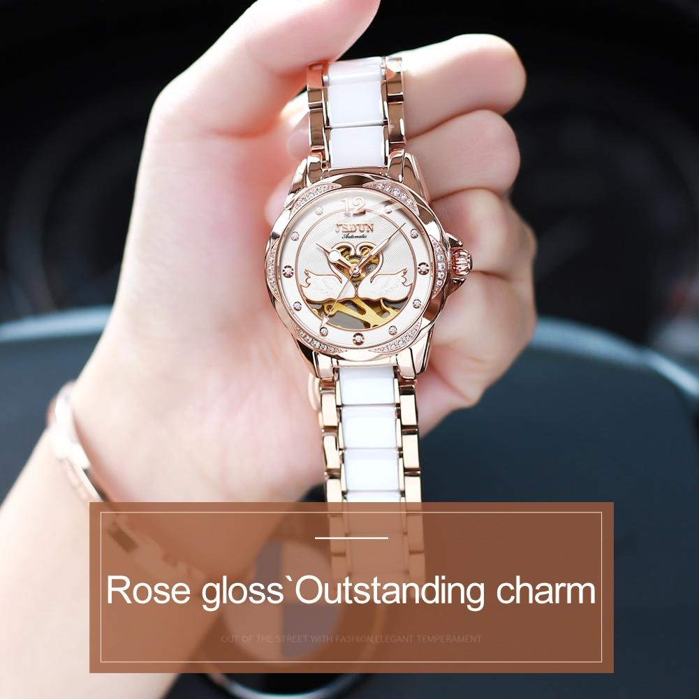 Stylish Waterproof Ceramic Mechanical Watch for Women with Diamond Accents - White