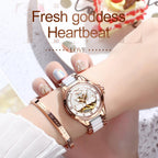Stylish Waterproof Ceramic Mechanical Watch for Women with Diamond Accents - White
