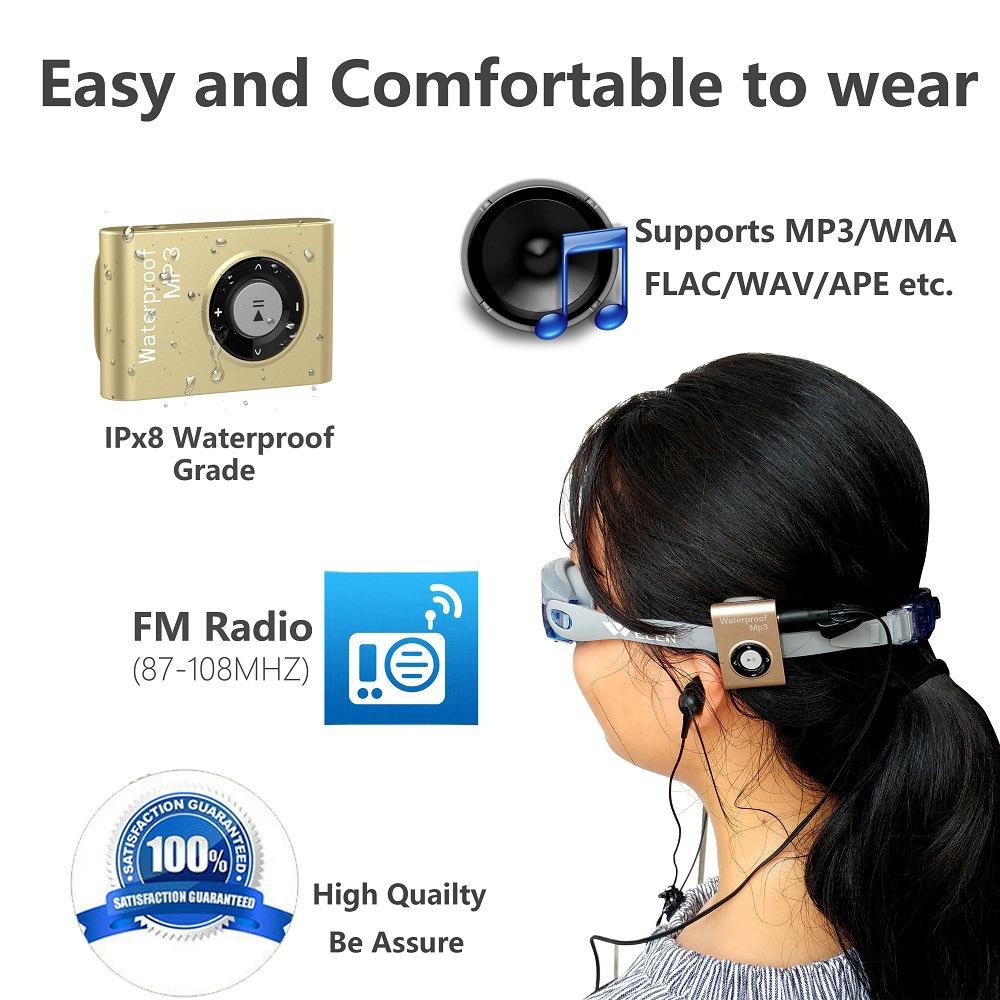 Waterproof Mp3 Player For Swimming & Diving 8Gb Memory Fm Radio Clip & Earphones - Blue