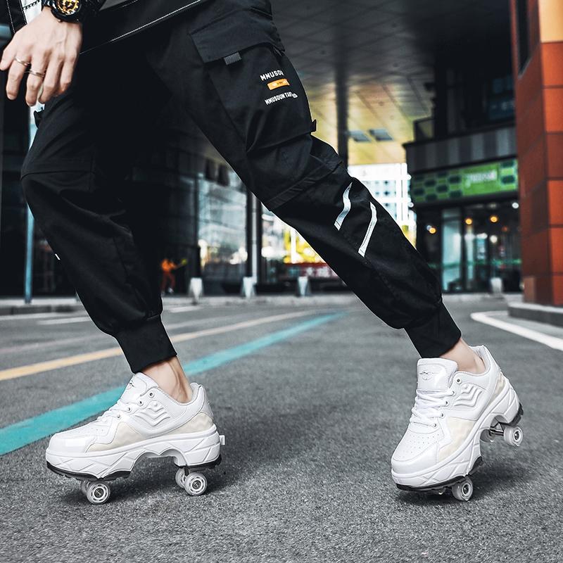 Retractable Dual-purpose Roller Skates - Size 33 Deformable Four-wheel - Df09 Pink - 37
